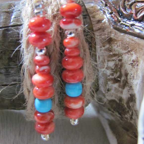 ZUNI HAND MADE SPINY  OYSTER & SLEEPING BEAUTY TURQUOISE EARRINGS - Picture 9 of 16